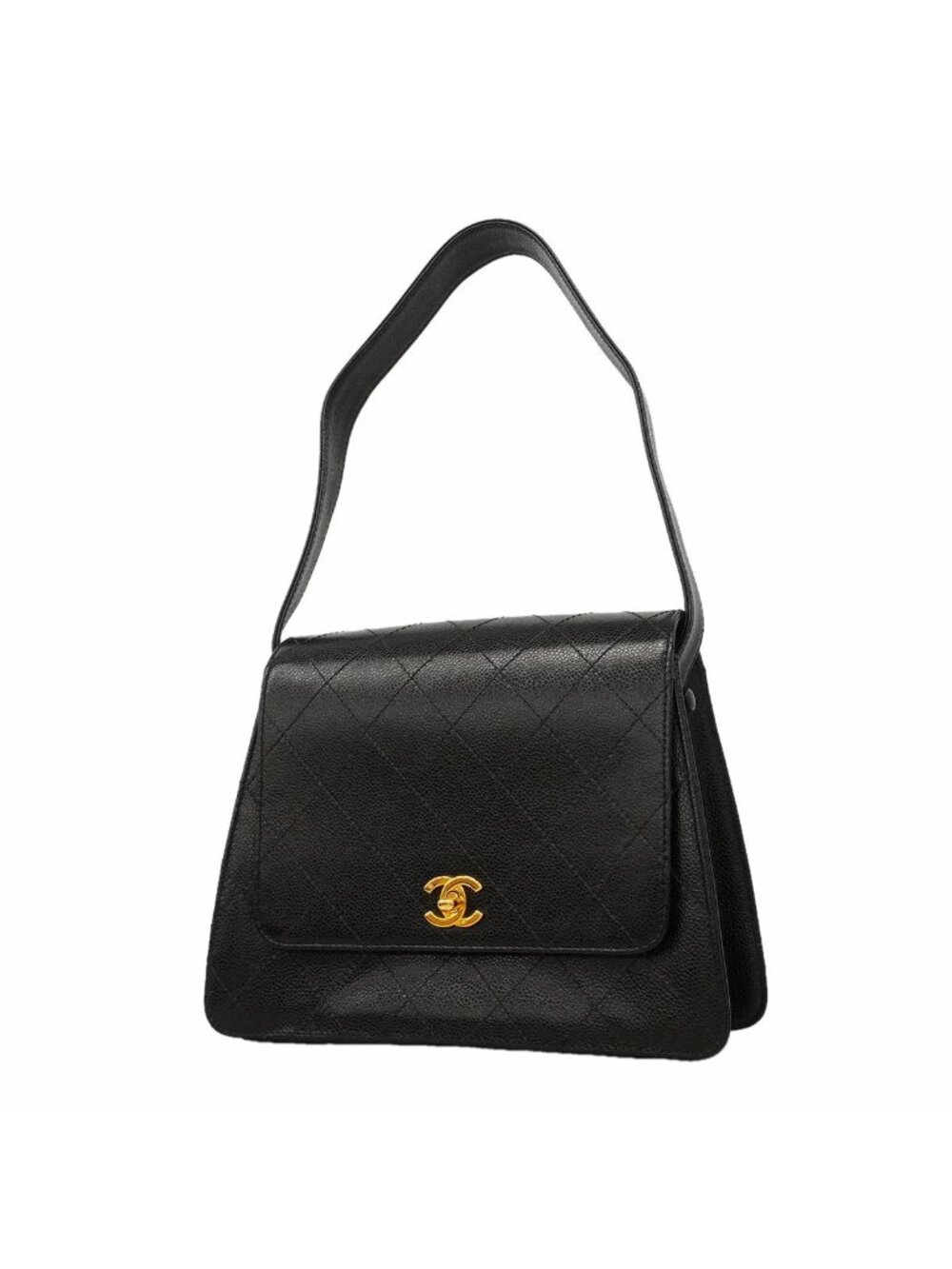 Chanel Shoulder Bag Quilted Caviar Leather Black Gold